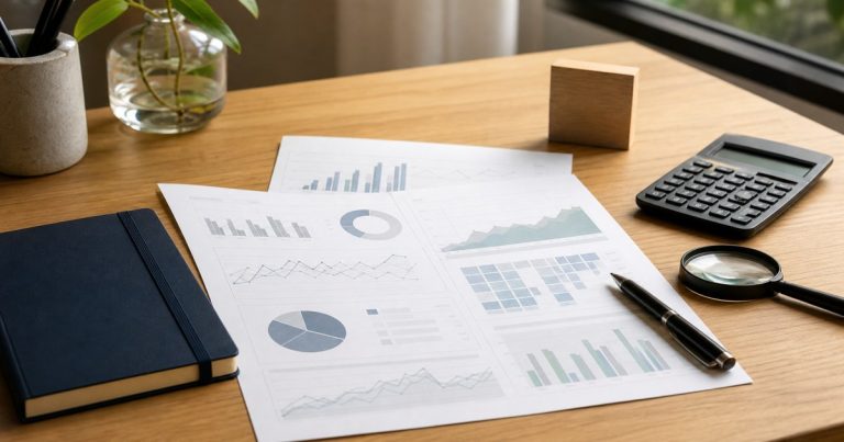 Tài liệu factsheet ETF, sổ tay, máy tính và kính lúp trên bàn làm việc