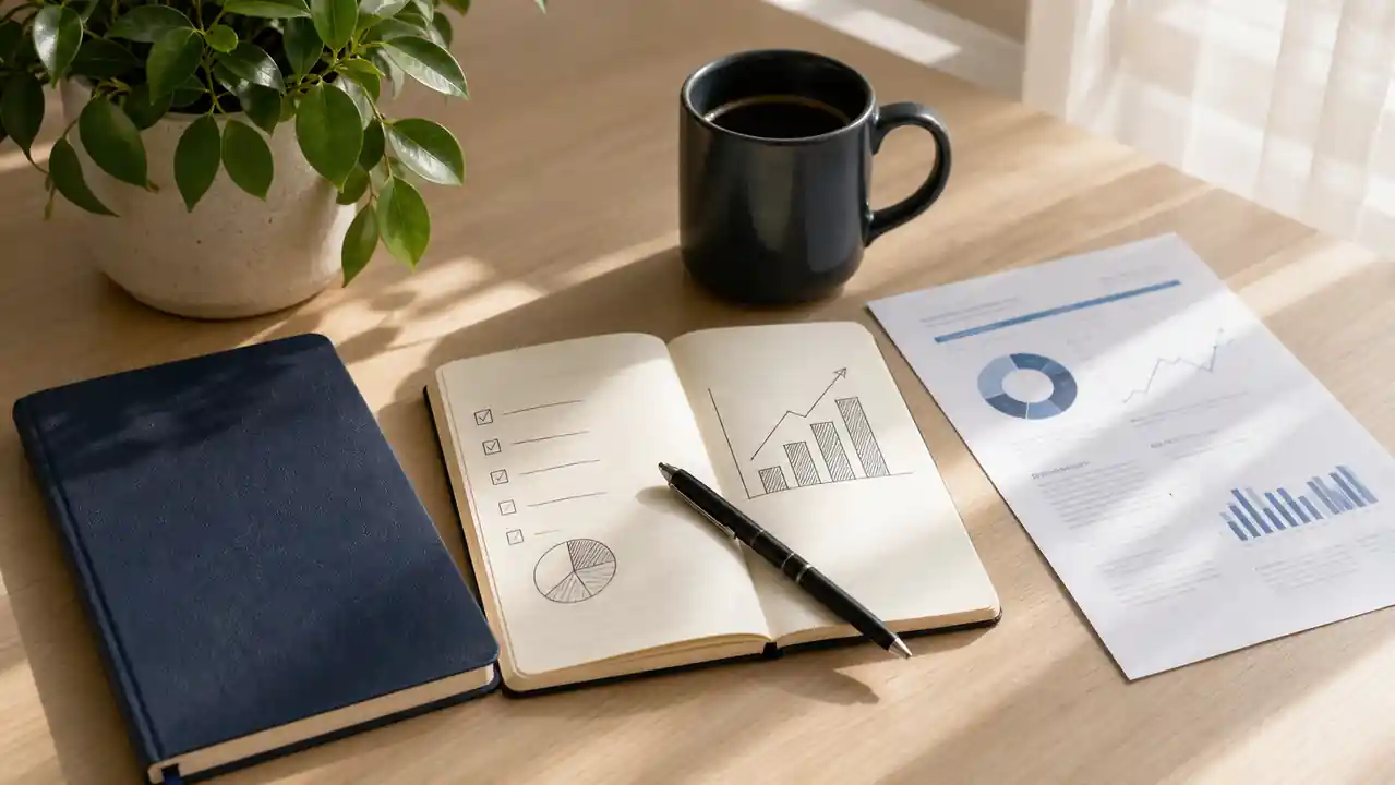 Sổ kế hoạch đầu tư ETF, biểu đồ phân bổ và ly cà phê trên bàn làm việc