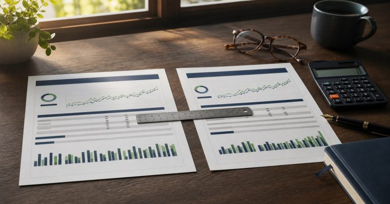 Hai báo cáo ETF đặt cạnh nhau với thước, máy tính và sổ tay trên bàn làm việc